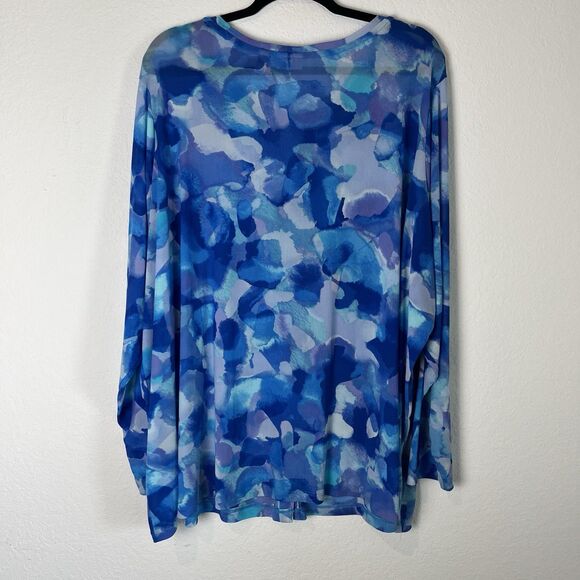 LOGO Layers Lori Goldstein Watercolor Printed Mesh Cardigan Women's 4X Blue Sea - Picture 6 of 8